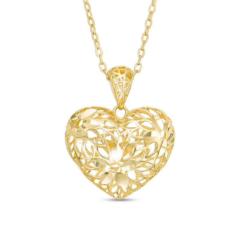 Diamond-Cut Floral Puffed Heart Pendant in 10K Gold - 17"