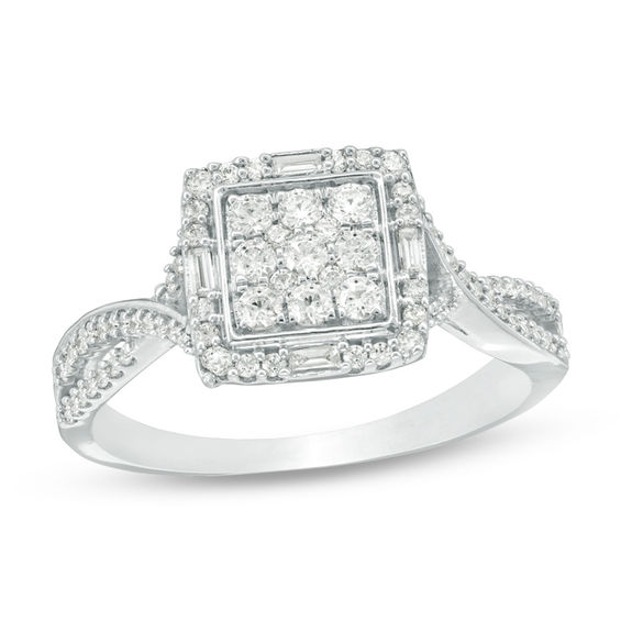 1/2 CT. T.w. Multi-Diamond Square Frame Twist Ring in 10K White Gold