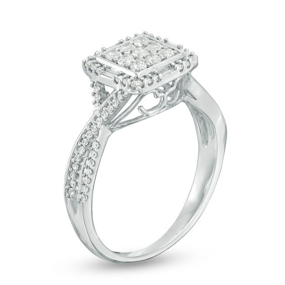 1/2 CT. T.w. Multi-Diamond Square Frame Twist Ring in 10K White Gold