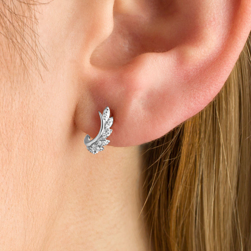 Main Image 3 of 1/20 CT. T.W. Diamond Vine with Leaves J-Hoop Earrings in 10K White Gold