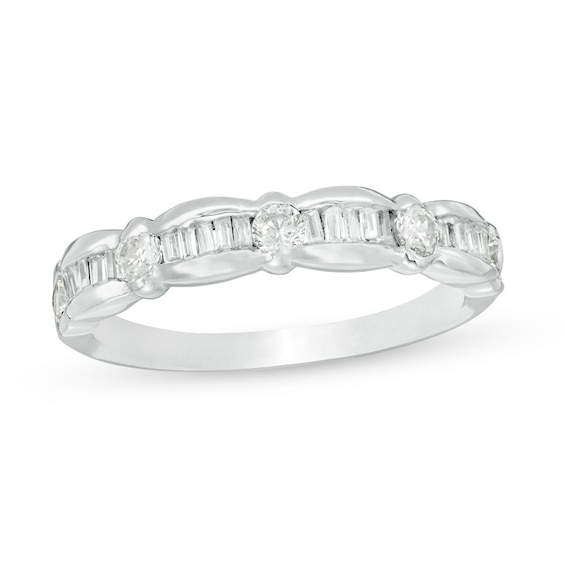 1/3 CT. T.w. Baguette and Round Diamond Scallop Wedding Band in 10K White Gold