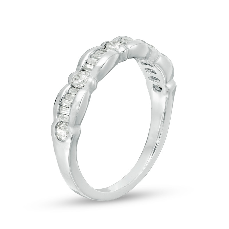 Main Image 2 of 1/3 CT. T.W. Baguette and Round Diamond Scallop Wedding Band in 10K White Gold