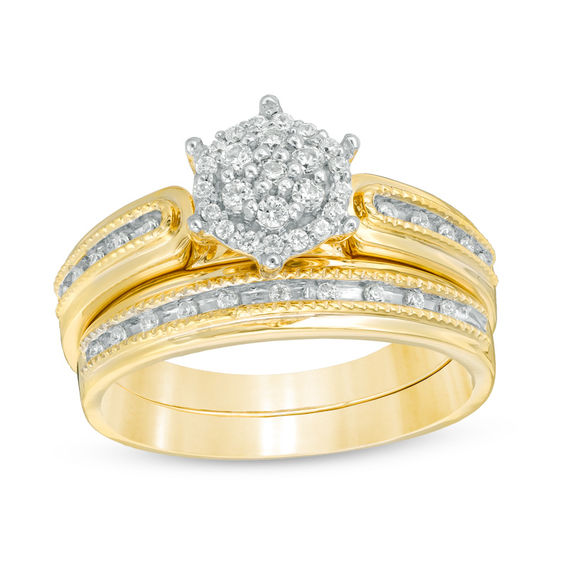 1/4 CT. T.w. Composite Diamond Hexagon Frame Vintage-Style Bridal Set in Sterling Silver with 14K Gold Plate