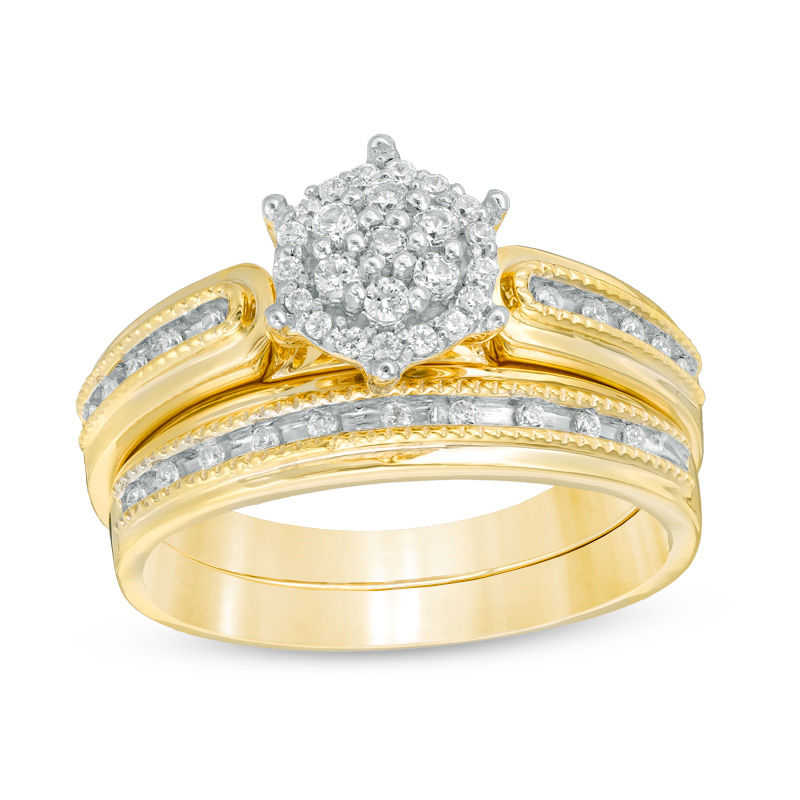 1/4 CT. T.W. Composite Diamond Hexagon Frame Vintage-Style Bridal Set in Sterling Silver with 14K Gold Plate