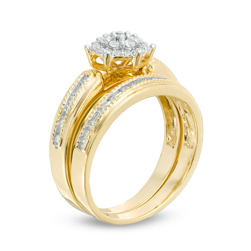 1/4 CT. T.W. Composite Diamond Hexagon Frame Vintage-Style Bridal Set in Sterling Silver with 14K Gold Plate