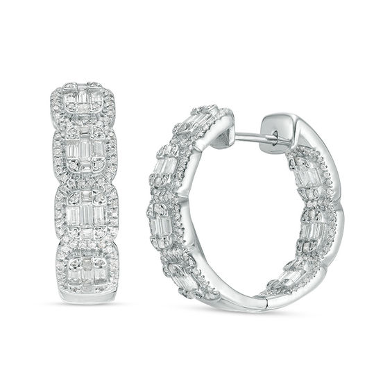 2 Ct T W Baguette And Round Diamond Inside Out Hoop Earrings In T W Baguette And Round Diamond Inside Out Hoop Earrings In 14k White