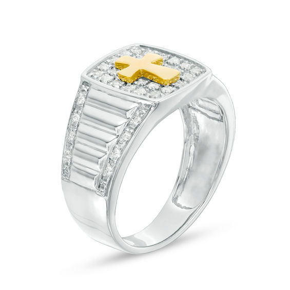 Men's 1/3 CT. T.W. Diamond Cross Signet Ring in 10K Two-Tone Gold ...