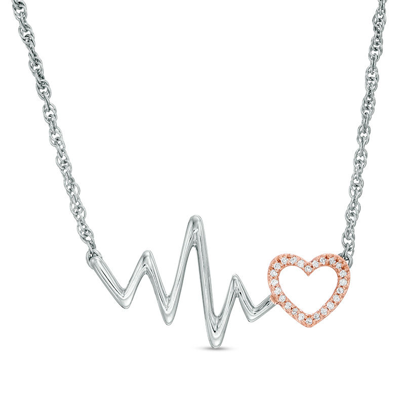 1/20 CT. T.W. Diamond Heartbeat and Heart Necklace in Sterling Silver and 10K Rose Gold - 17"