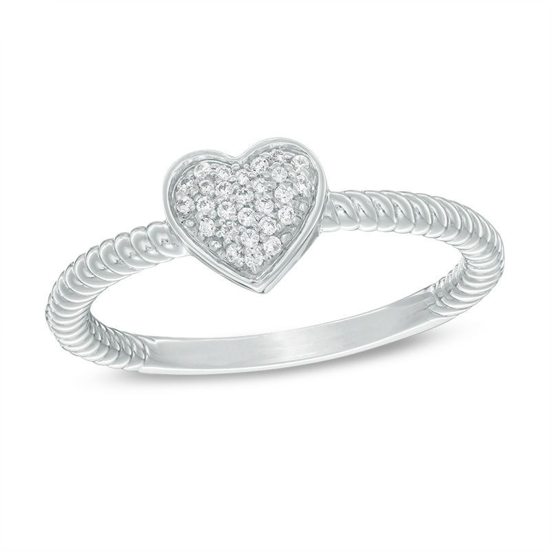 Main Image 1 of 1/15 CT. T.W. Diamond Heart Rope Shank Ring in Sterling Silver