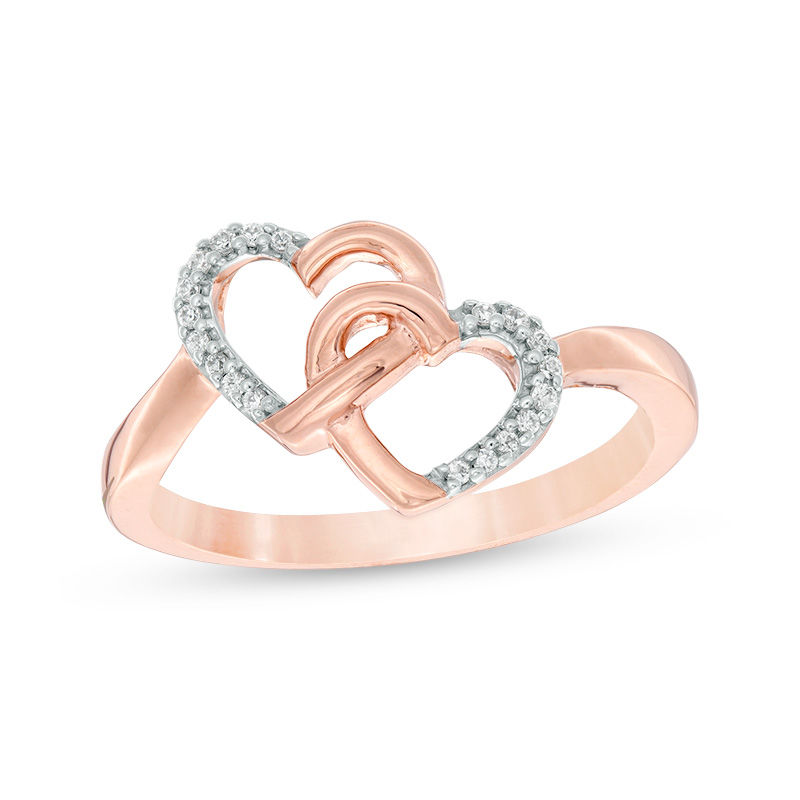 Main Image 1 of 1/15 CT. T.W. Diamond Interlocking Hearts Ring in 10K Rose Gold