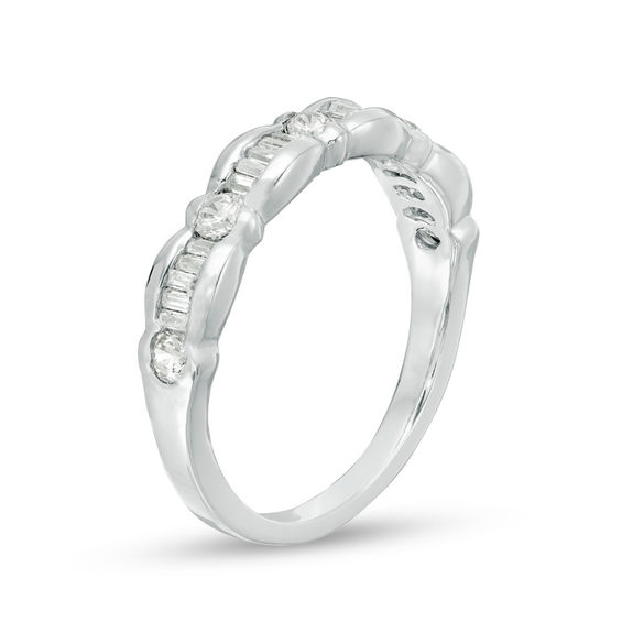 1/3 CT. T.w. Baguette and Round Diamond Scallop Wedding Band in 10K White Gold