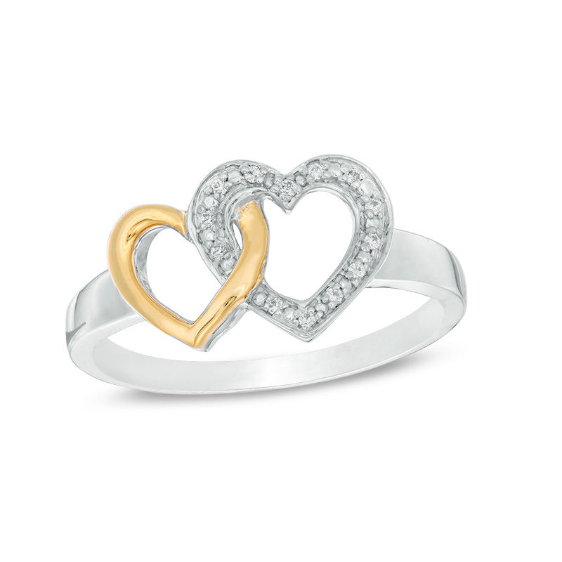 Main Image 1 of 1/20 CT. T.W. Diamond Interlocking Hearts Ring in Sterling Silver and 10K Gold