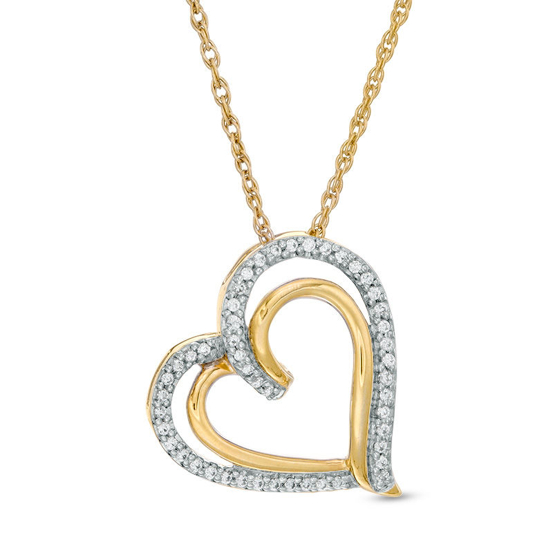 1/10 CT. T.W. Diamond Tilted Double Heart Pendant in 10K Gold