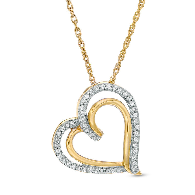 Main Image 1 of 1/10 CT. T.W. Diamond Tilted Double Heart Pendant in 10K Gold
