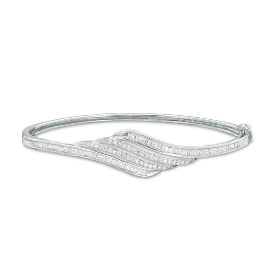 1 CT. T.w. Baguette and Round Diamond Wave Bangle in Sterling Silver