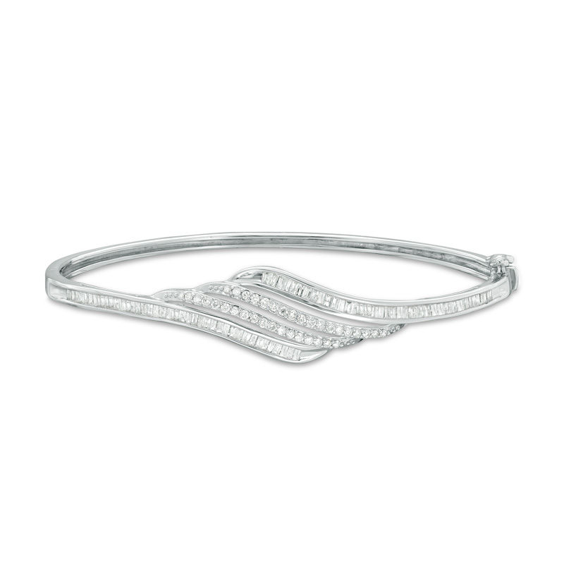 Main Image 1 of 1 CT. T.W. Baguette and Round Diamond Wave Bangle in Sterling Silver