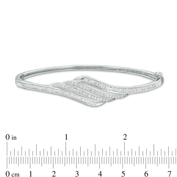 1 CT. T.w. Baguette and Round Diamond Wave Bangle in Sterling Silver