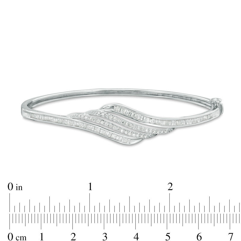 Main Image 2 of 1 CT. T.W. Baguette and Round Diamond Wave Bangle in Sterling Silver