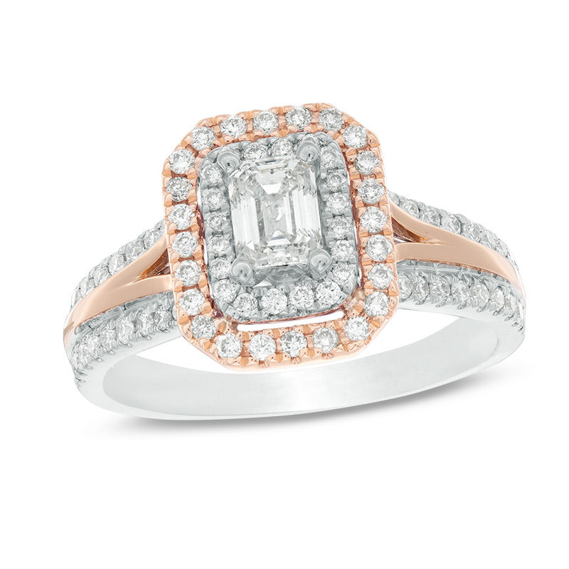 Main Image 1 of 1 CT. T.W. Emerald-Cut Diamond Double Frame Engagement Ring in 14K Two-Tone Gold