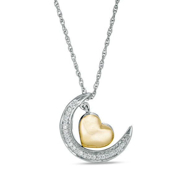1/15 CT. T.w. Diamond Crescent Moon and Heart Dangle "Love" Message Pendant in Sterling Silver and 10K Gold