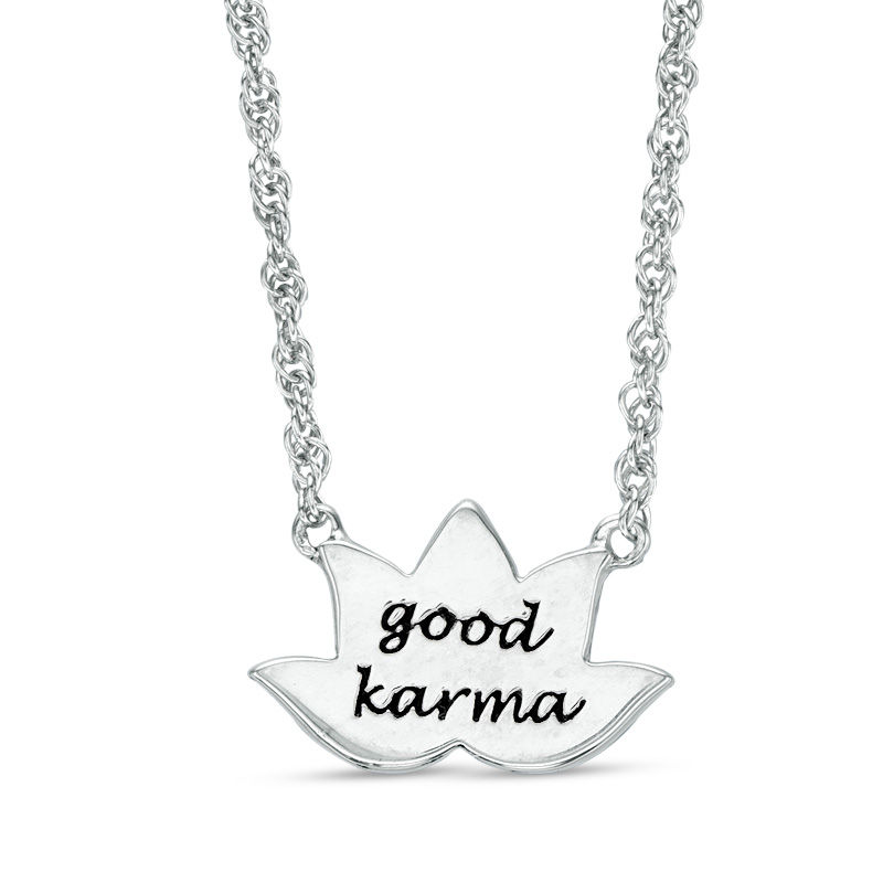 1/15 CT. T.W. Diamond Lotus Flower with "good karma" Message Necklace in Sterling Silver - 17.5"