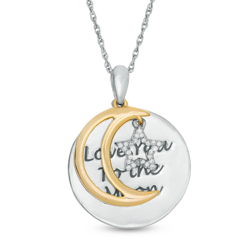 Main Image 1 of 1/20 CT. T.W. Diamond Crescent Moon and Star "Love" Message Pendant in Sterling Silver and 10K Gold