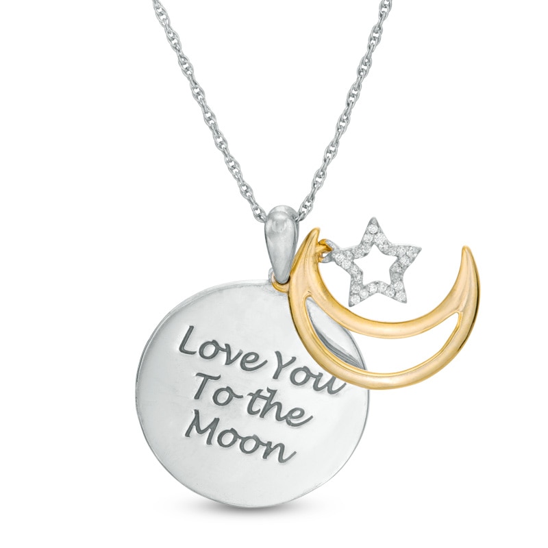 Main Image 2 of 1/20 CT. T.W. Diamond Crescent Moon and Star "Love" Message Pendant in Sterling Silver and 10K Gold