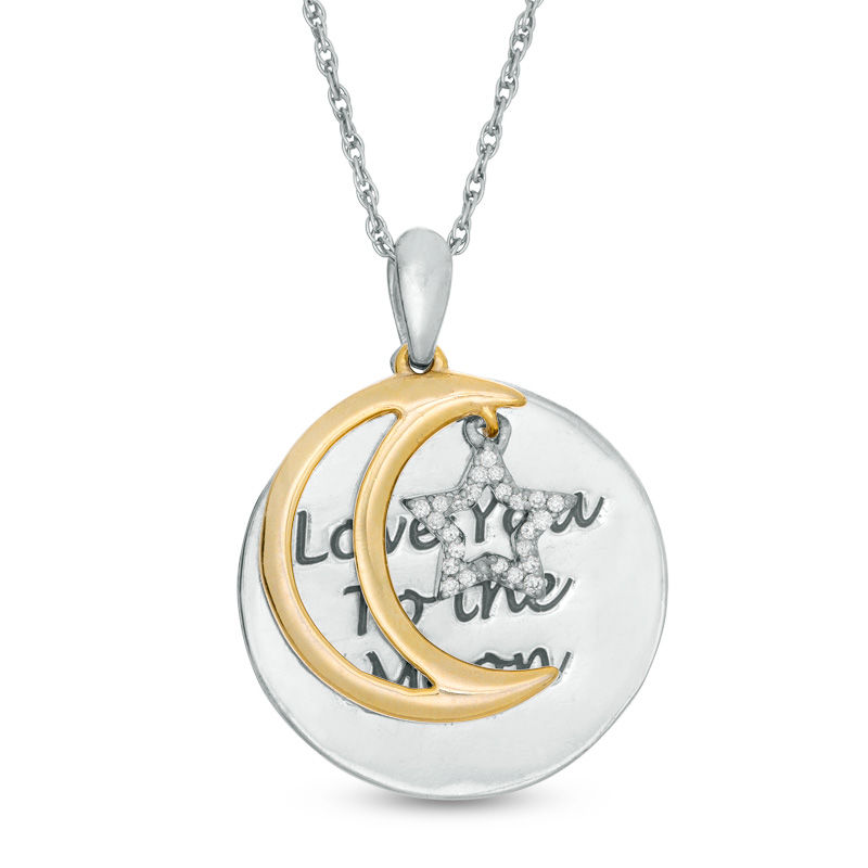 1/20 CT. T.W. Diamond Crescent Moon and Star "Love" Message Pendant in Sterling Silver and 10K Gold