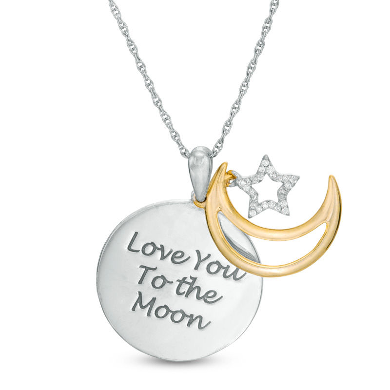 1/20 CT. T.W. Diamond Crescent Moon and Star "Love" Message Pendant in Sterling Silver and 10K Gold