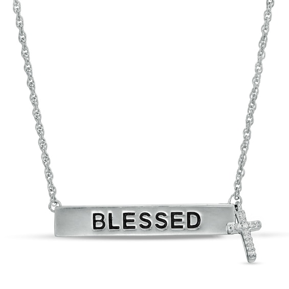 Diamond Accent "Blessed" Bar and Cross Charm Necklace in Sterling Silver - 17"