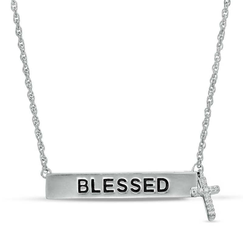 Main Image 1 of Diamond Accent "BLESSED" Bar and Cross Charm Necklace in Sterling Silver - 17"
