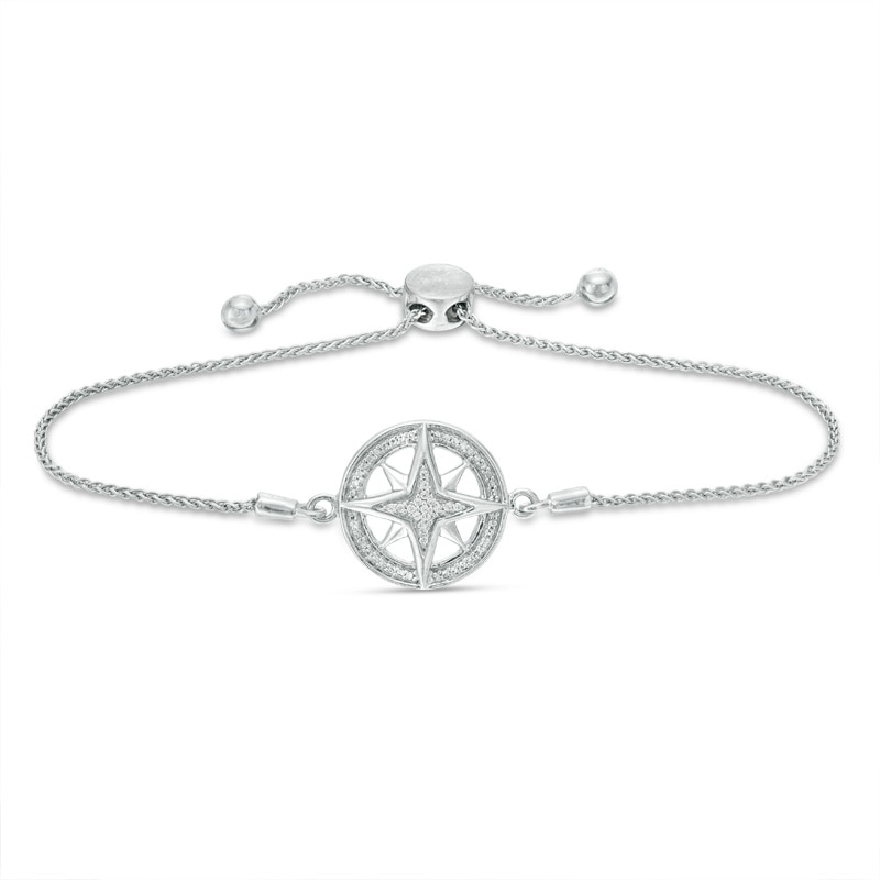 Main Image 1 of 1/20 CT. T.W. Diamond Compass "Home" Message Bolo Bracelet in Sterling Silver - 9.5"