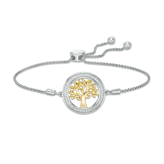 1/6 CT. T.W. Diamond Family Tree "Strength" Message Bolo Bracelet in Sterling Silver with 14K Gold Plate - 9.5" 1/6 CT. T.W. Diamond Family Tree "Strength" Message Bolo Bracelet in Sterling Silver with 14K Gold Plate - 9.5"