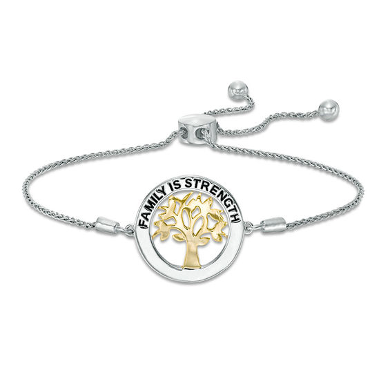 1/6 CT. T.W. Diamond Family Tree "Strength" Message Bolo Bracelet in Sterling Silver with 14K Gold Plate - 9.5" 1/6 CT. T.W. Diamond Family Tree "Strength" Message Bolo Bracelet in Sterling Silver with 14K Gold Plate - 9.5"