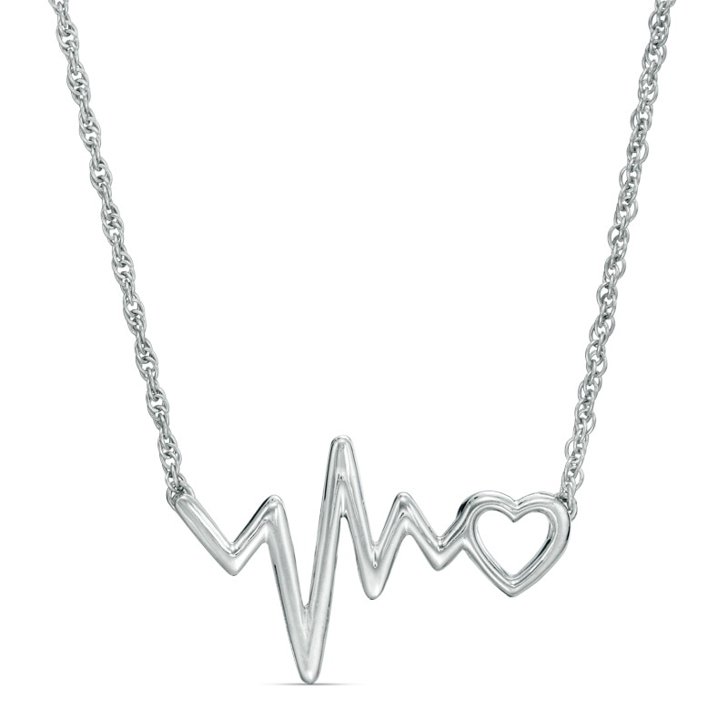 Main Image 1 of Heart and Heartbeat Necklace in Sterling Silver - 17"