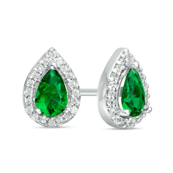 Pear-Shaped Lab-Created Emerald and 1/6 CT. T.w. Diamond Frame Stud Earrings in 10K White Gold