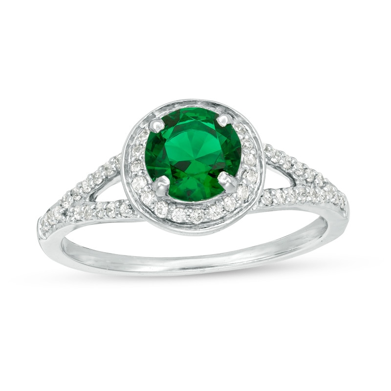 Main Image 1 of 6.0mm Lab-Created Emerald and 1/3 CT. T.W. Diamond Frame Split Shank Ring in 10K White Gold