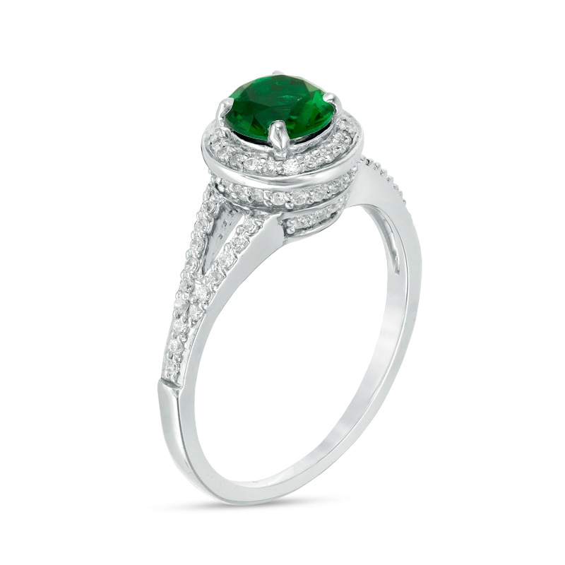 Main Image 2 of 6.0mm Lab-Created Emerald and 1/3 CT. T.W. Diamond Frame Split Shank Ring in 10K White Gold