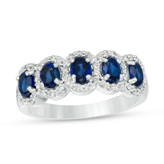 Oval Lab-Created Blue Sapphire and 1/3 CT. T.w. Diamond Frame Five Stone Ring in 10K White Gold