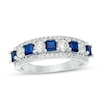 Thumbnail Image 1 of Princess-Cut Lab-Created Blue and White Sapphire with 1/4 CT. T.W. Diamond Alternating Motif Ring in 10K White Gold
