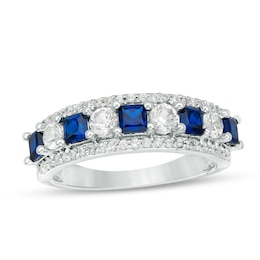 Princess-Cut Lab-Created Blue and White Sapphire with 1/4 CT. T.W. Diamond Alternating Motif Ring in 10K White Gold