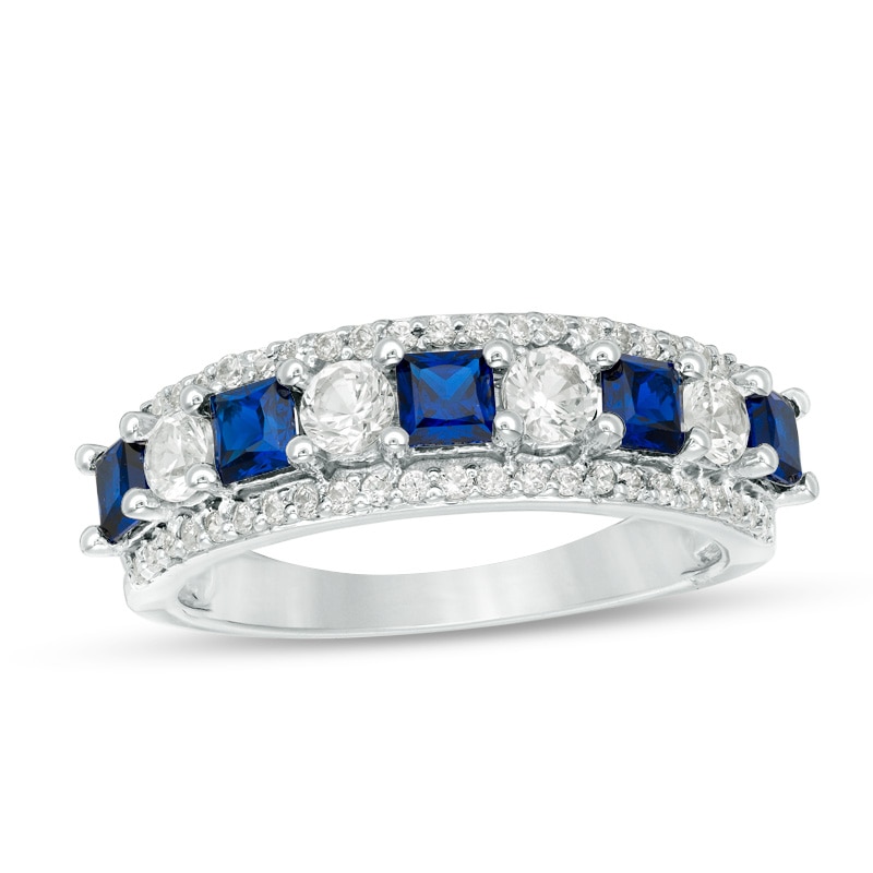 Main Image 1 of Princess-Cut Lab-Created Blue and White Sapphire with 1/4 CT. T.W. Diamond Alternating Motif Ring in 10K White Gold