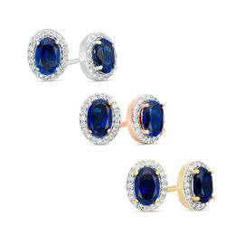 Oval Lab-Created Blue Sapphire and 1/8 CT. T.W. Diamond Frame Stud Earrings in 10K White, Yellow or Rose Gold