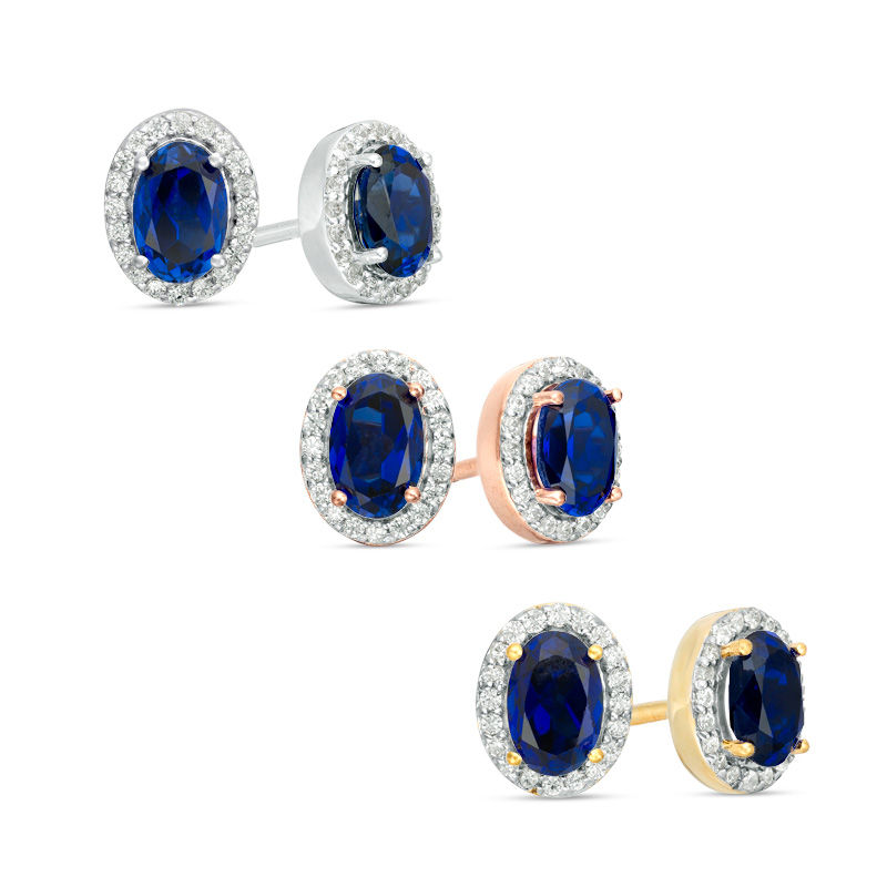 Main Image 1 of Oval Lab-Created Blue Sapphire and 1/8 CT. T.W. Diamond Frame Stud Earrings in 10K White, Yellow or Rose Gold