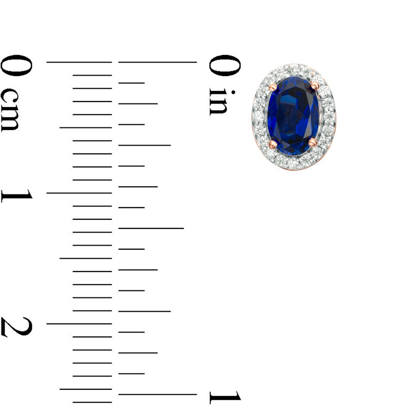 Main Image 3 of Oval Lab-Created Blue Sapphire and 1/8 CT. T.W. Diamond Frame Stud Earrings in 10K White, Yellow or Rose Gold