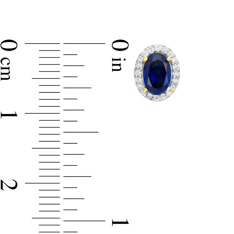 Main Image 4 of Oval Lab-Created Blue Sapphire and 1/8 CT. T.W. Diamond Frame Stud Earrings in 10K White, Yellow or Rose Gold