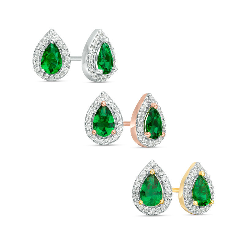 Main Image 1 of Pear-Shaped Lab-Created Emerald and 1/6 CT. T.W. Diamond Frame Stud Earrings in 10K White, Yellow or Rose Gold