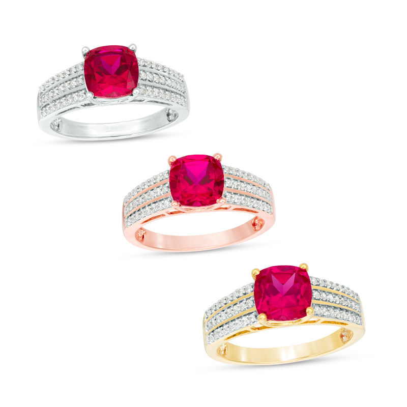 7.0mm Cushion-Cut Lab-Created Ruby and 1/4 CT. T.W. Diamond Triple Row Ring in 10K White, Yellow or Rose Gold