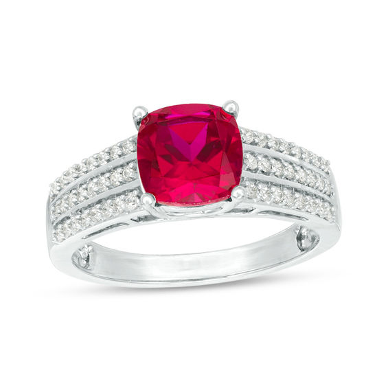 7.0mm Cushion-Cut Lab-Created Ruby and 1/4 CT. T.w. Diamond Triple Row Ring in 10K White, Yellow or Rose Gold