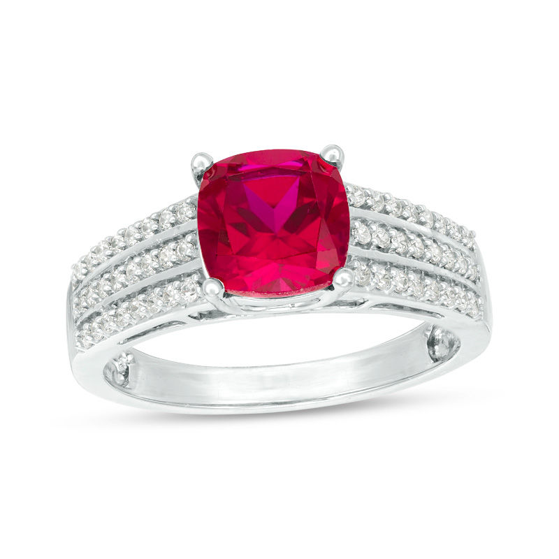 7.0mm Cushion-Cut Lab-Created Ruby and 1/4 CT. T.W. Diamond Triple Row Ring in 10K White, Yellow or Rose Gold